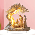 Jesus Tree of Life acrylic ornament with illuminated tree and nativity scene figurines in modern decorative style