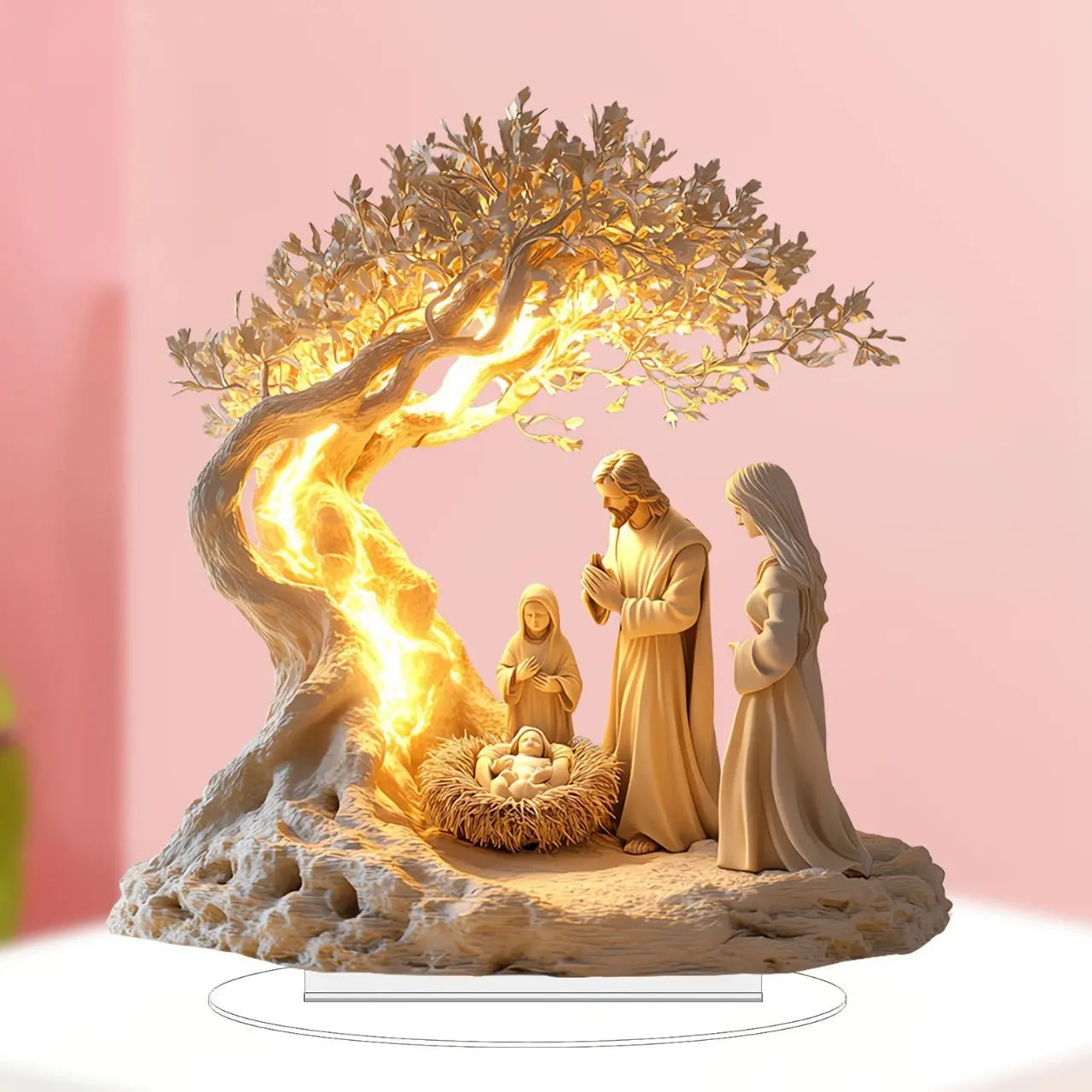 Jesus Tree of Life acrylic ornament with illuminated tree and nativity scene figurines in modern decorative style