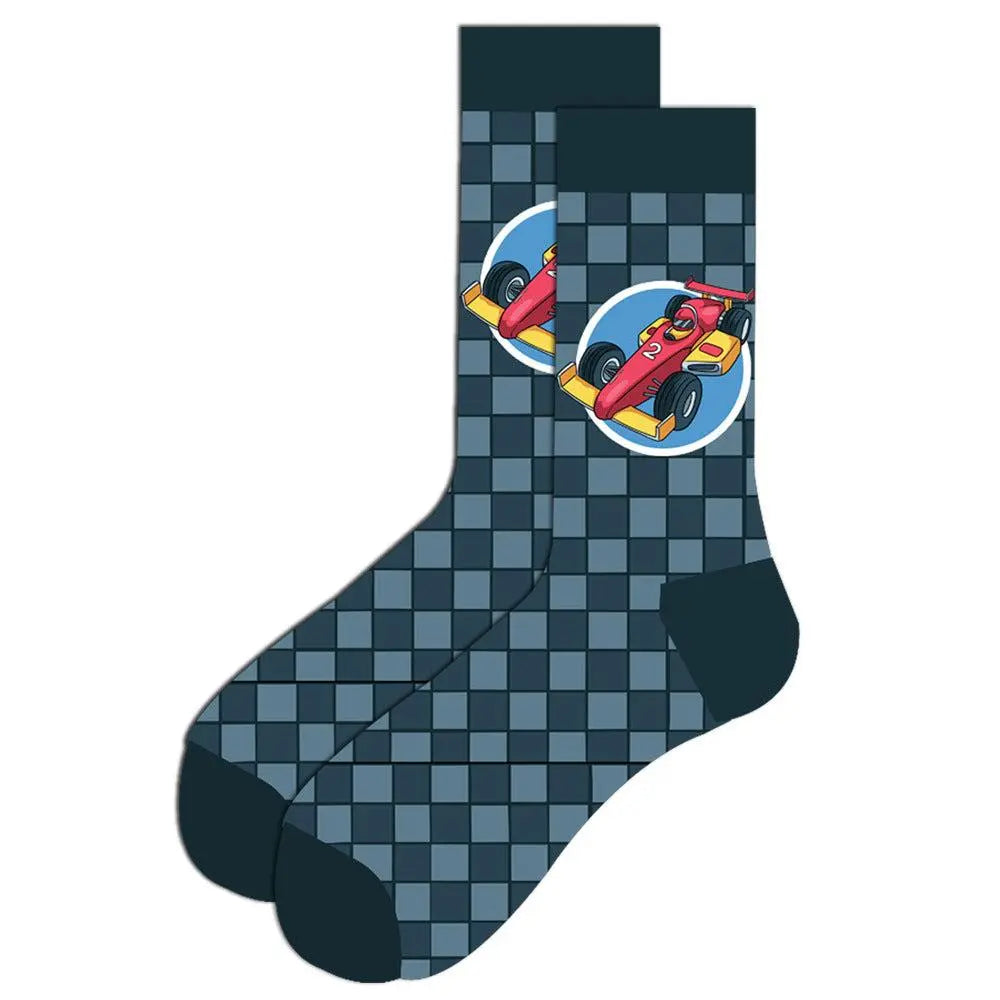 Men’s cotton socks with checkered pattern and red race car design, mid-tube length, breathable festive style