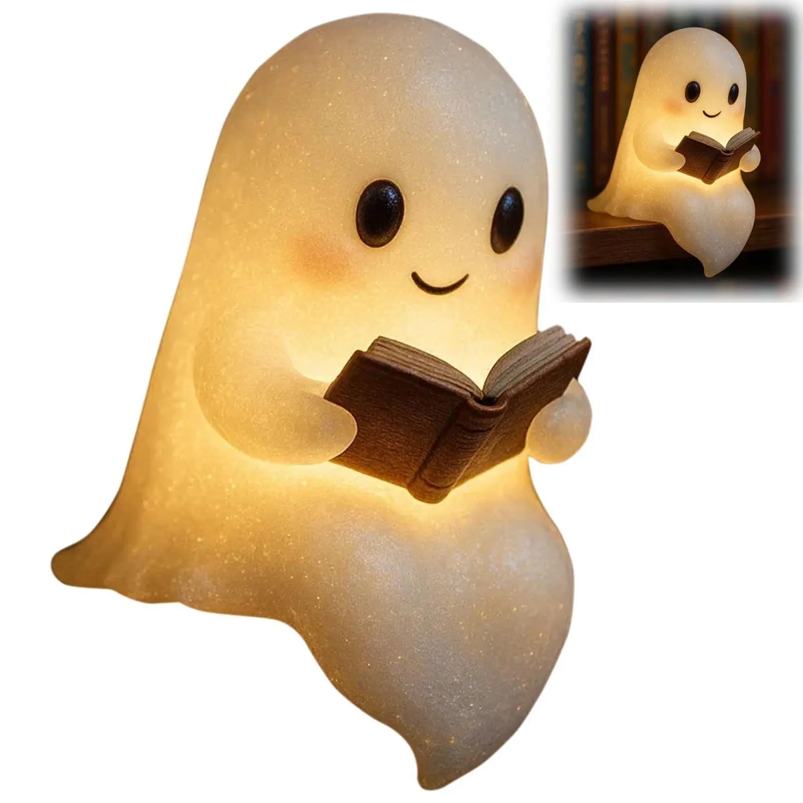 Cute LED ghost children's nightlight with adorable reading ghost design and warm candlelight glow