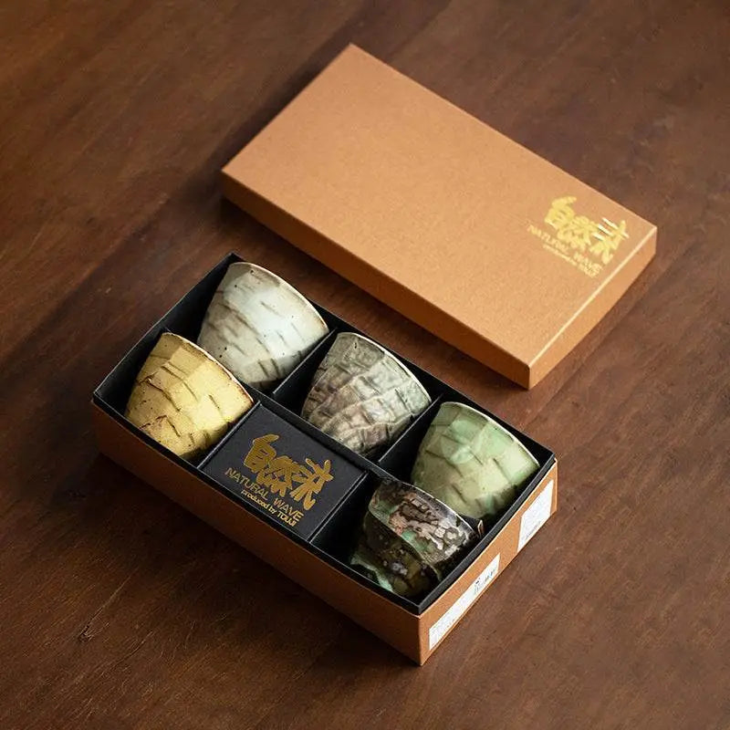 Japanese retro ceramic tea set with 5 handcrafted Song Jian style pottery cups in a gift box