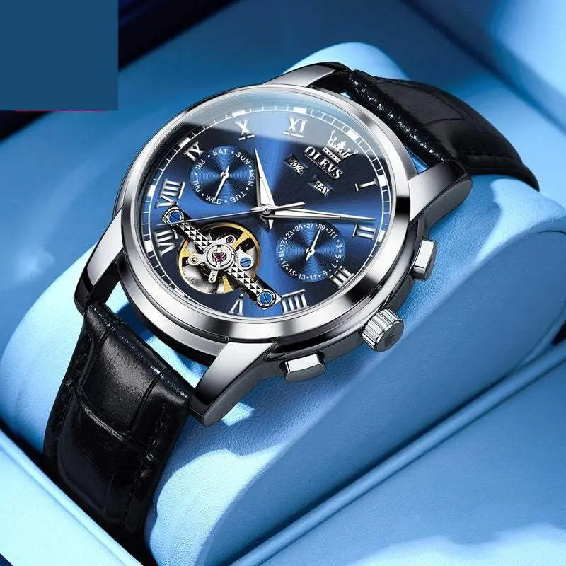 Waterproof luminous multifunctional automatic mechanical watch with blue dial and black leather strap for men