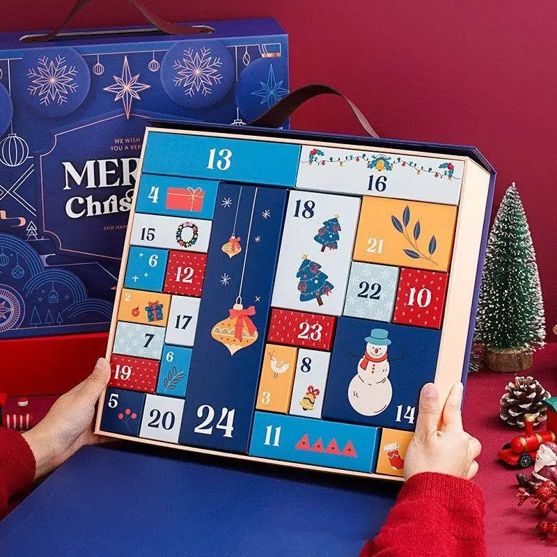 Gift box with 24-day countdown advent calendar in cartoon style with colorful numbered compartments and holiday decorations