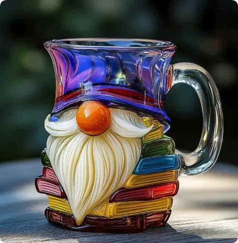 Stacked Book Novelty coffee mug with colorful book stack and gnome face design in resin