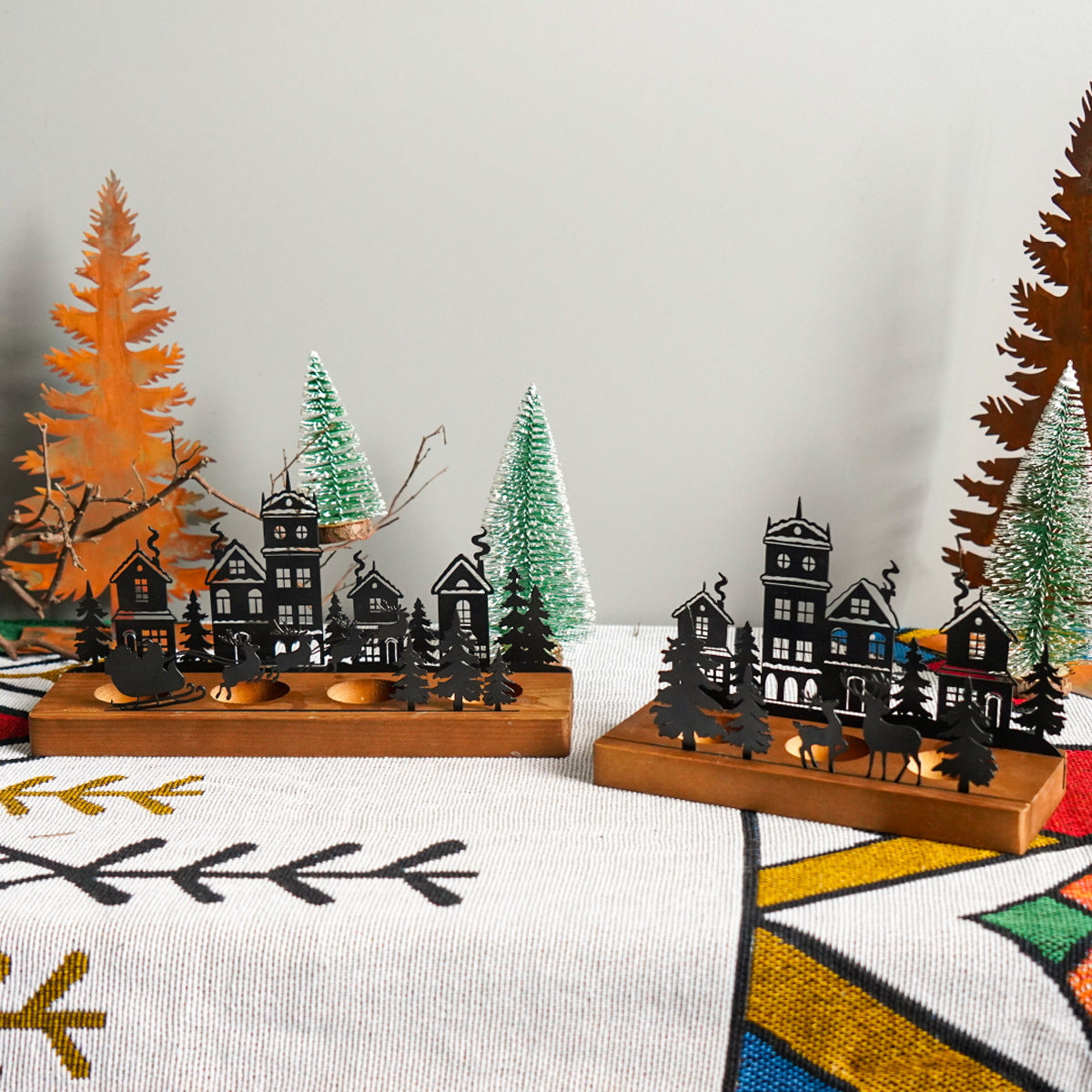 Wrought Iron Christmas Tree Candle Stick Wooden Base Candle Holder Beckett