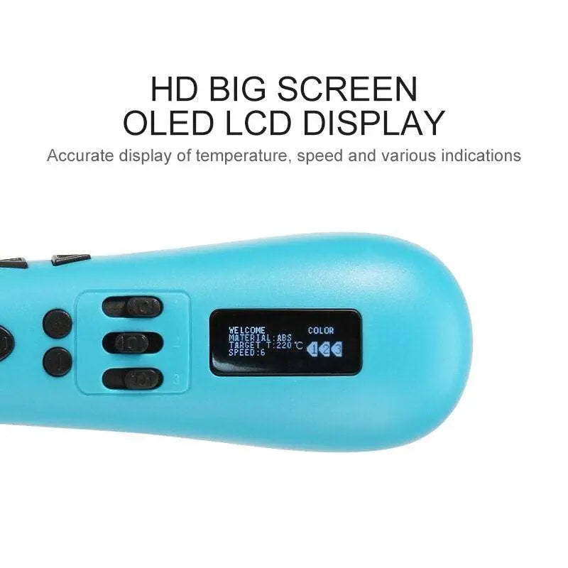 Blue 3D printing pen with HD OLED display showing temperature and speed settings
