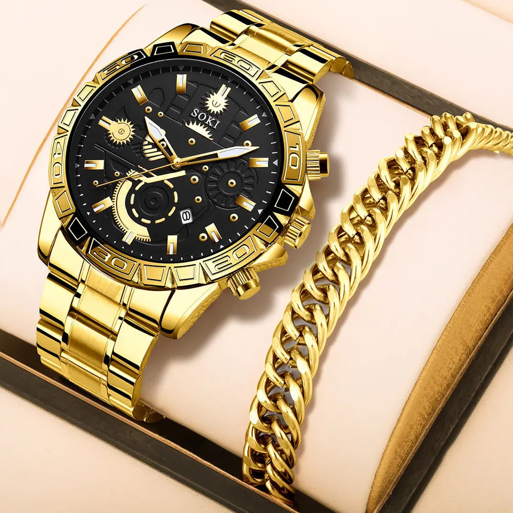 Men's gold coloured watch with black dial and matching gold curb bracelet gift set
