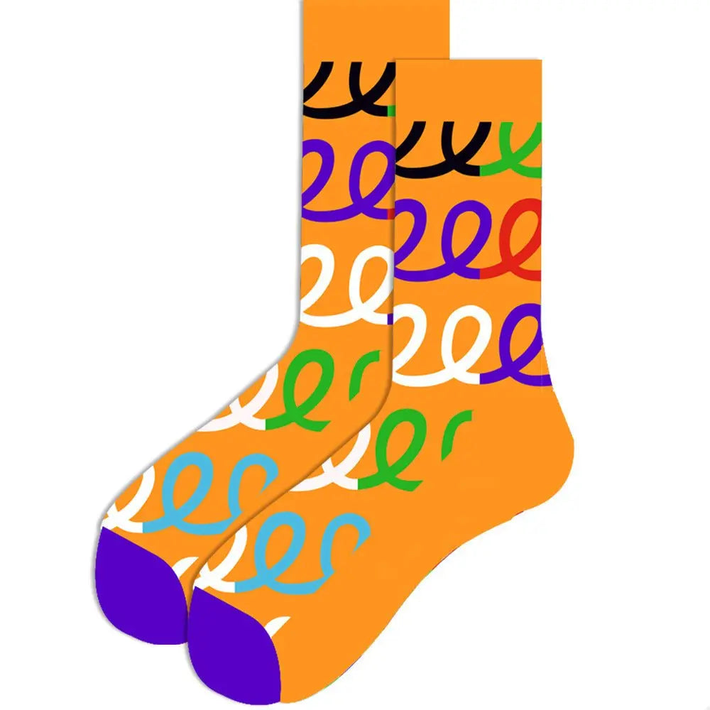 Festive men’s cotton socks with colorful swirl design and purple toes mid-tube jacquard