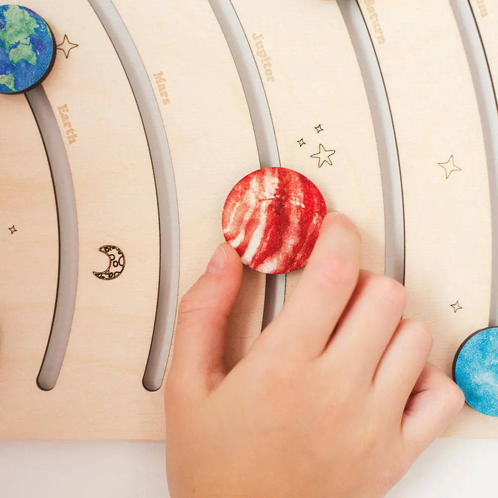 Hand placing a red planet model on a wooden solar system model