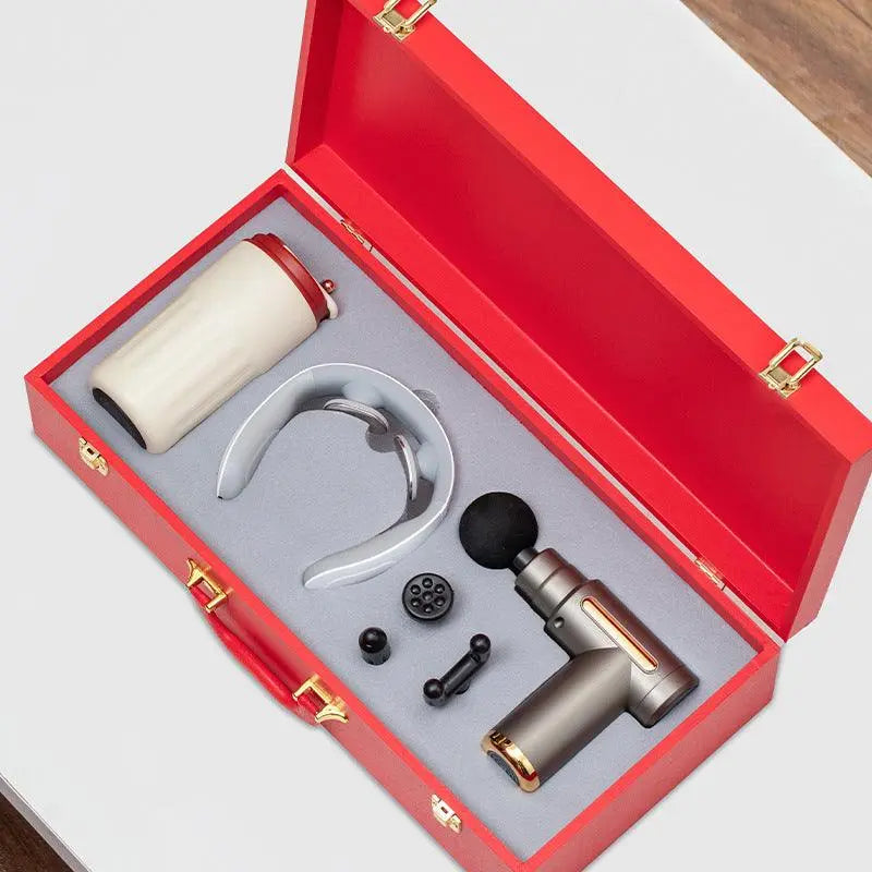 Massage Gun Gift Box with neck massager, ceramic mug, and accessories in a red luxury gift case for business gifting