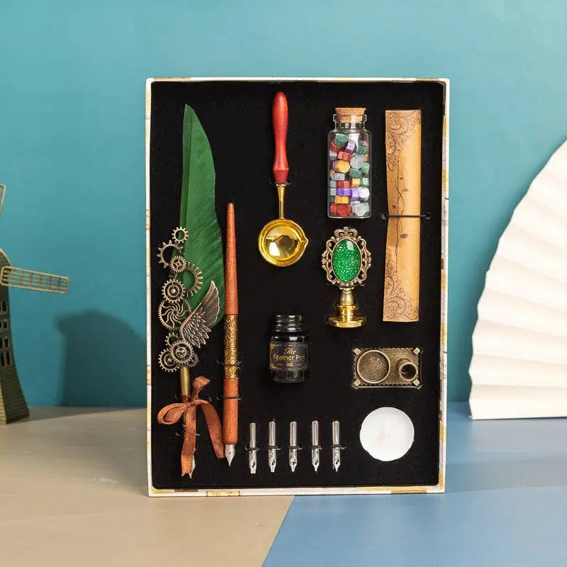 Retro feather pen gift box with brass holder, wax seal accessories, ink bottle, calligraphy tools, and vintage style packaging
