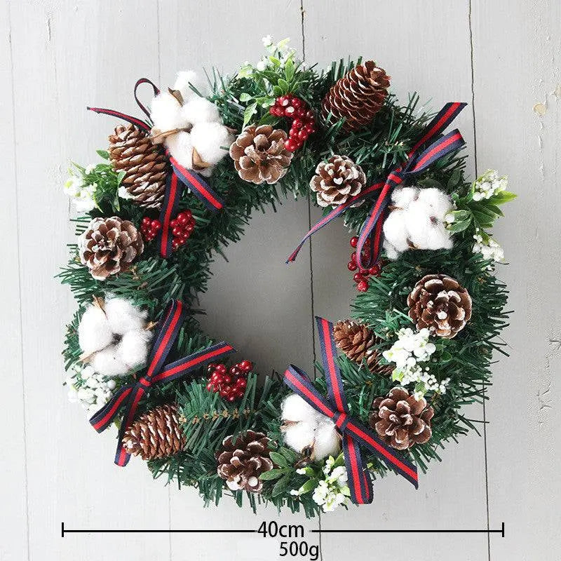 Christmas wreath hanging decoration with pinecones, cotton, red berries, and ribbons, 40cm PVC holiday garland