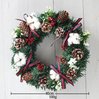 Christmas wreath hanging decoration with pinecones, cotton, red berries, and ribbons, 40cm PVC holiday garland