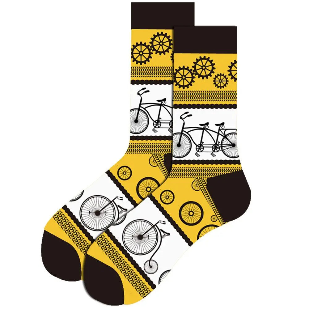 Yellow and white mid-tube men's cotton socks with bicycle and gear design, breathable festive casual wear