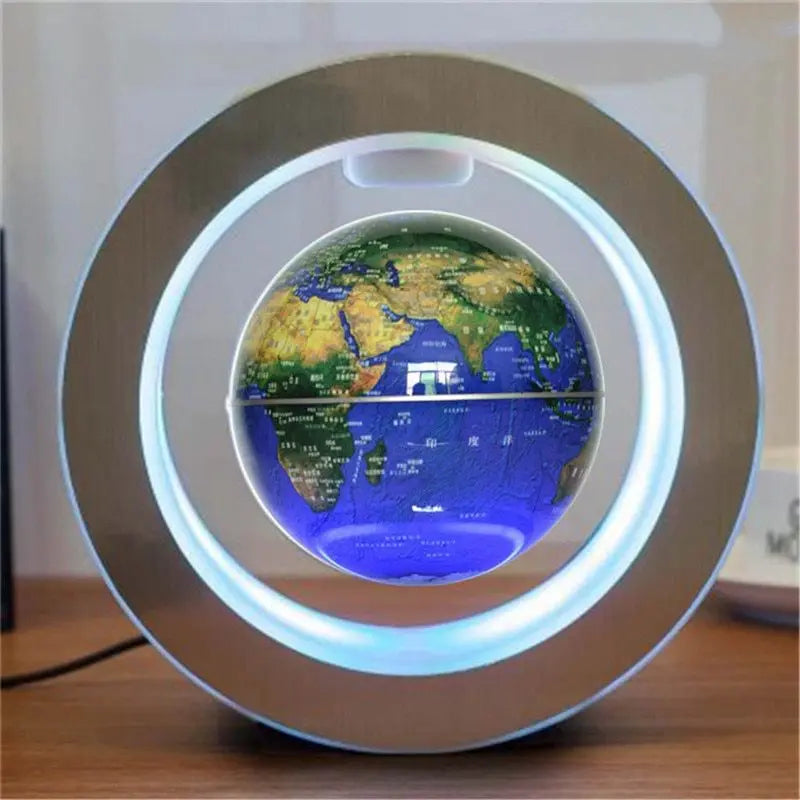 LED Floating Globe with magnetic levitation and soft LED illumination in a modern silver frame