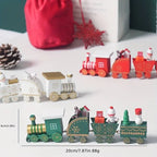 Wooden Train Christmas Decoration with festive Santa, reindeer, and fan-shaped designs, eco-friendly wooden holiday ornament