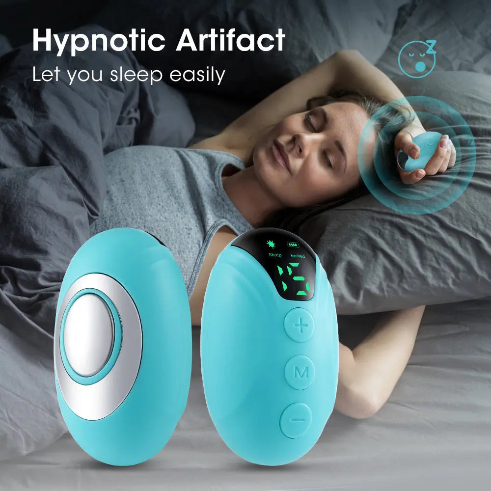 Hand-held blue sleep aid device with EMS micro-current for anxiety, depression, and insomnia relief, shown with a relaxed woman sleeping