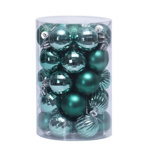 34-piece set of green 4cm Christmas ball ornaments in a clear cylindrical container
