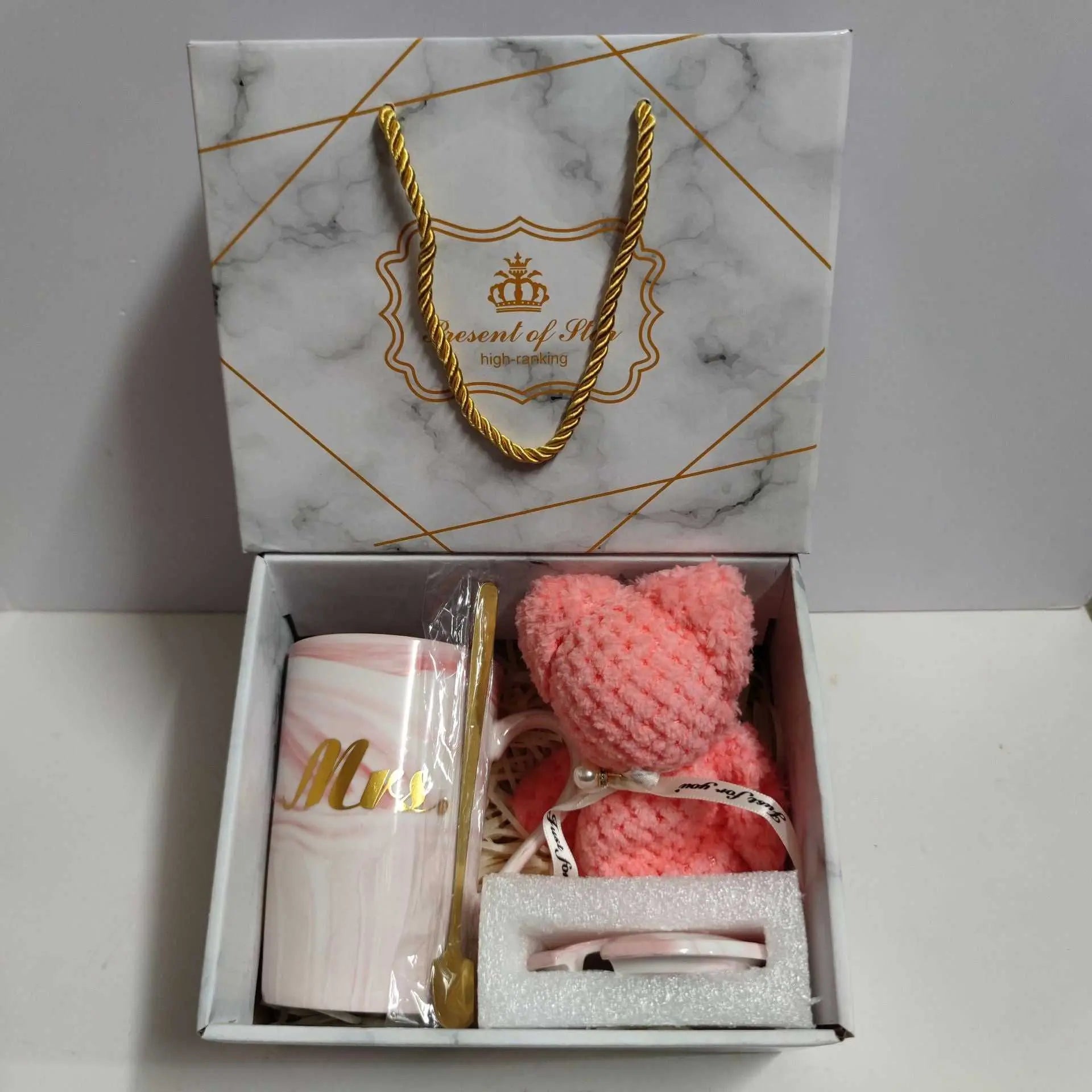 Ceramic cup gift box set with letter print mug, spoon, pink towel, and elegant gift packaging