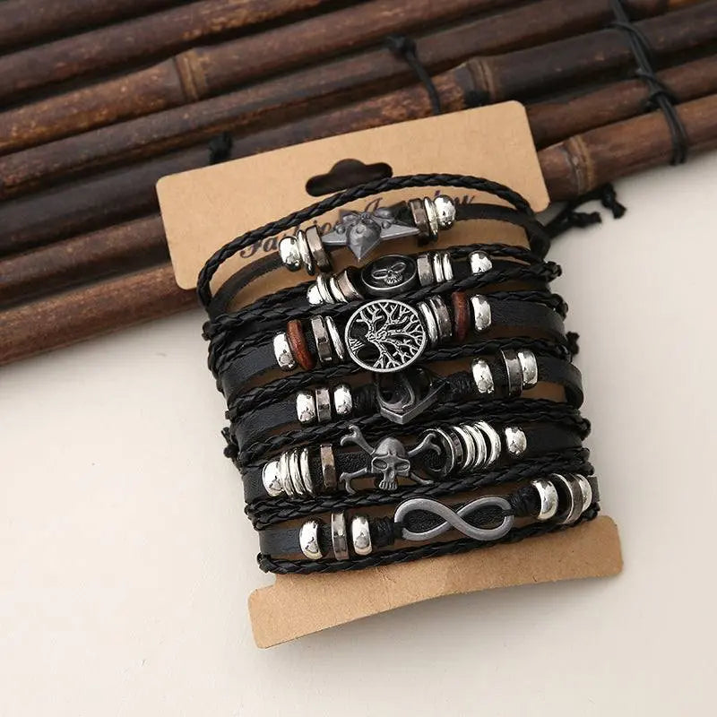 Six-piece black leather bracelet set with alloy accents and hand-woven design, unisex style stackable accessories