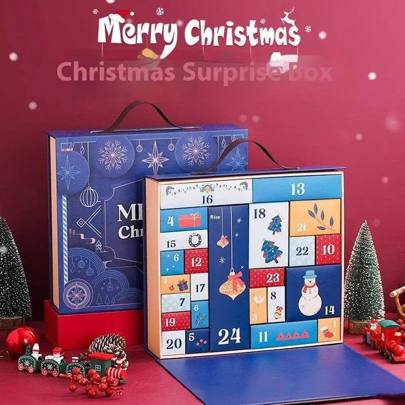 Christmas gift box with 24-day countdown advent calendar in cartoon style with colorful numbered compartments and handle