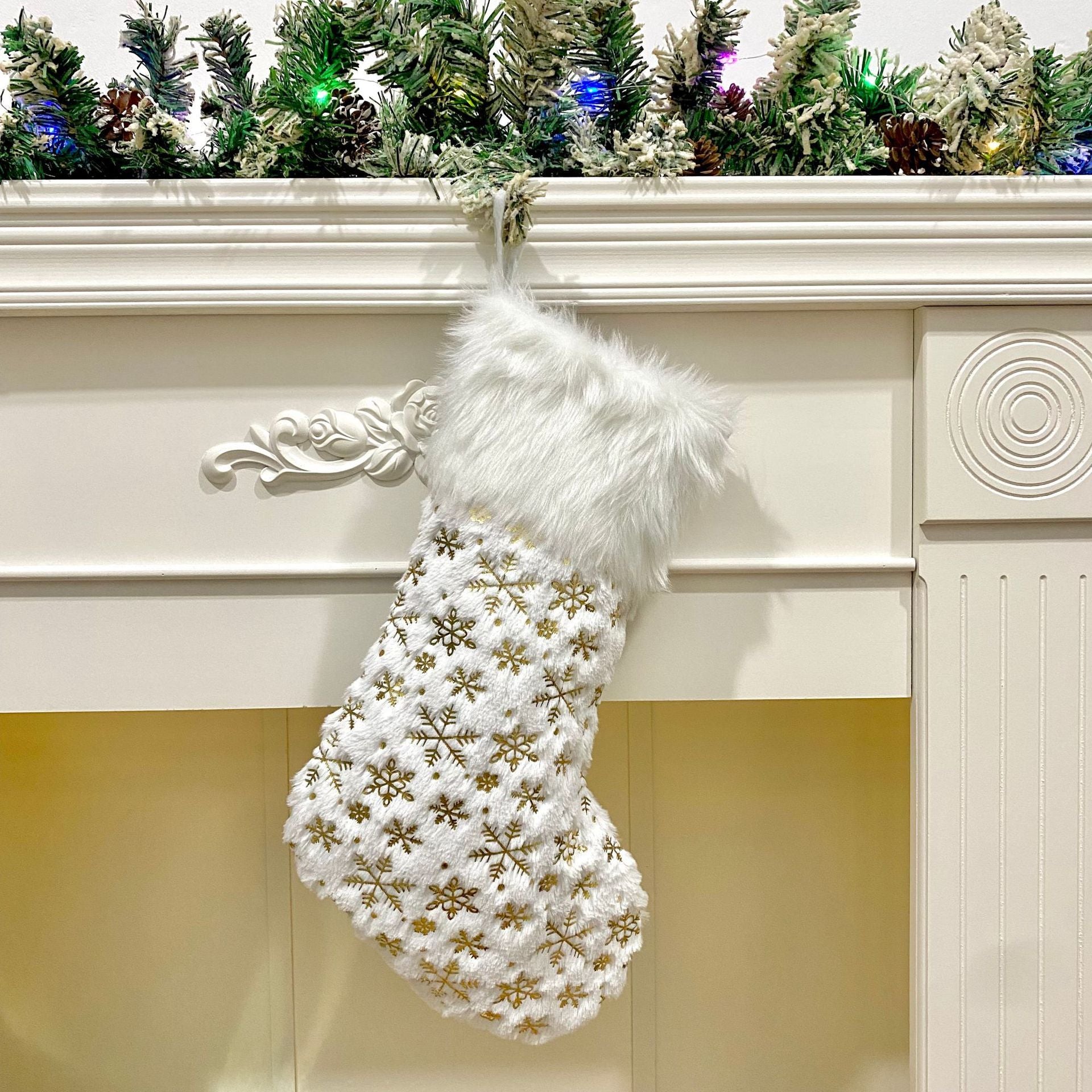 Luxury White Plush Hanging Stocking with Gold Gilding Beckett