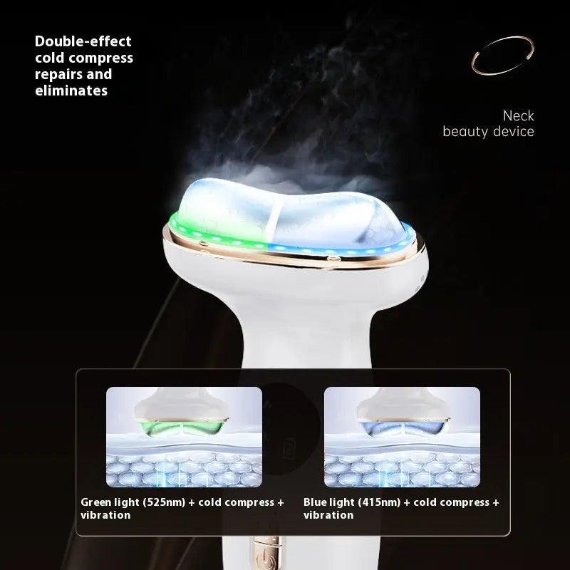 Neck beauty device with green and blue lights on a black background