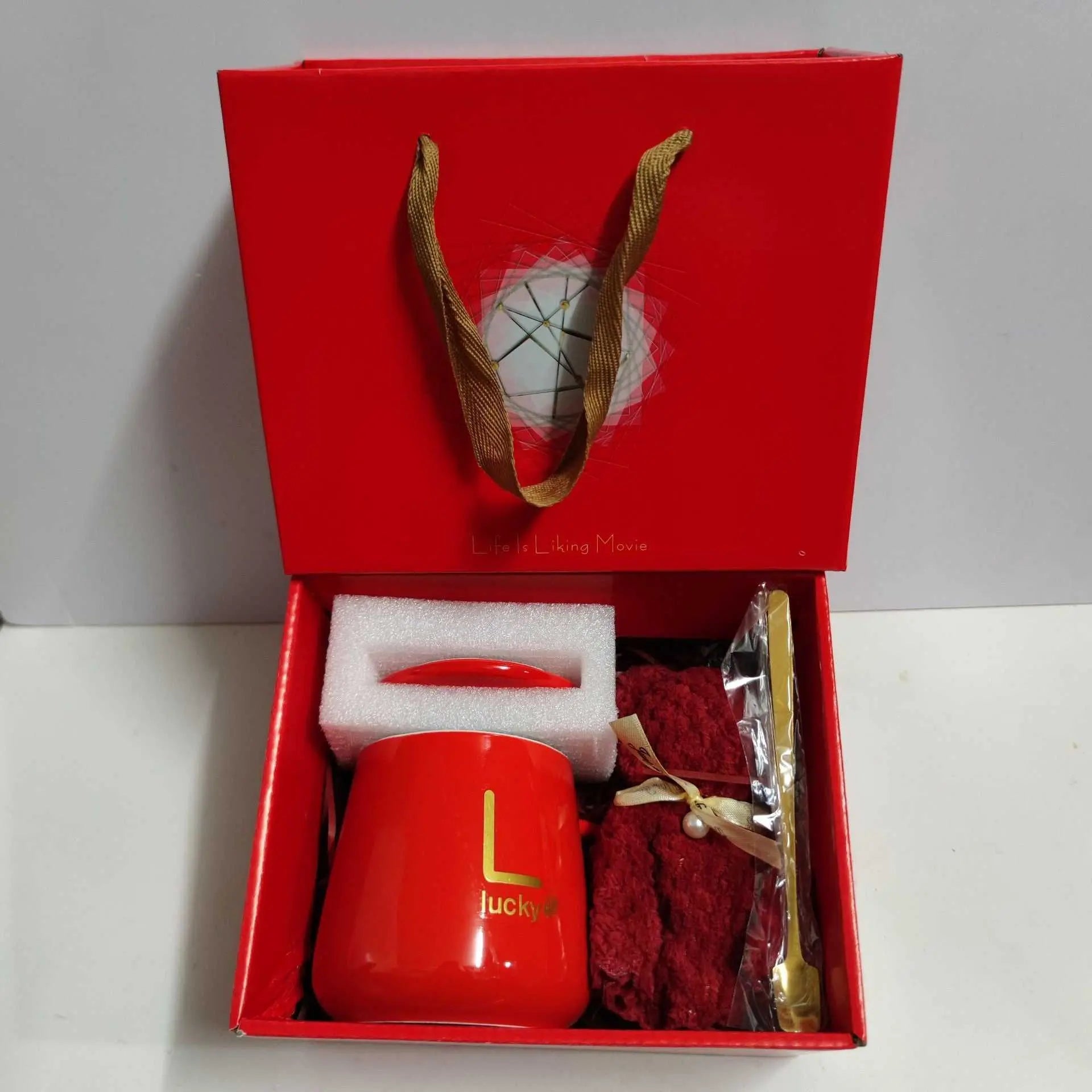 Ceramic cup gift box set with red letter print mug, spoon, towel, and gift packaging