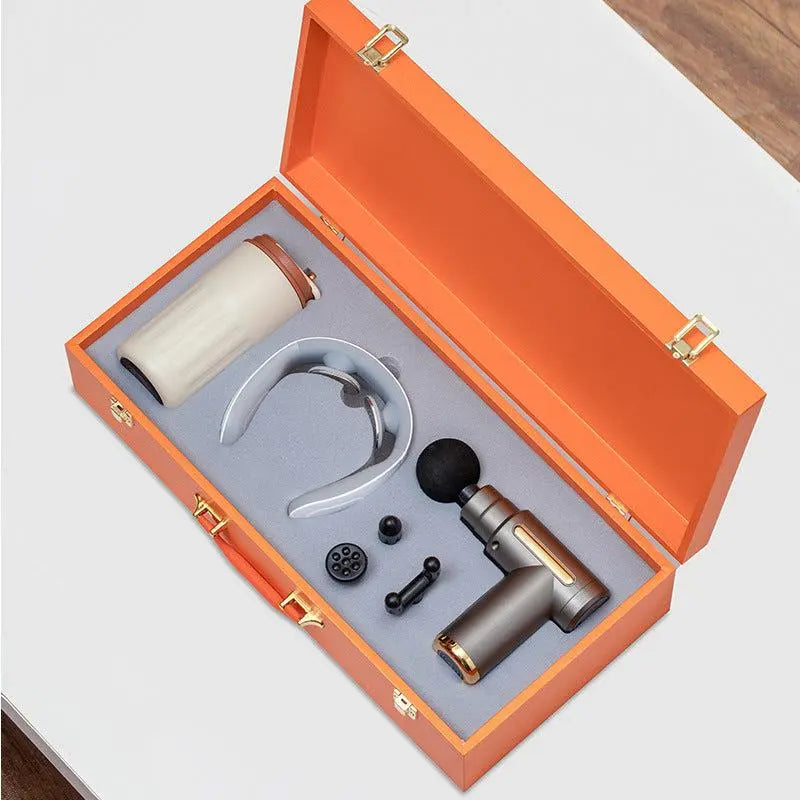 Massage Gun Gift Box with neck massager, ceramic mug, and accessories in luxury orange case