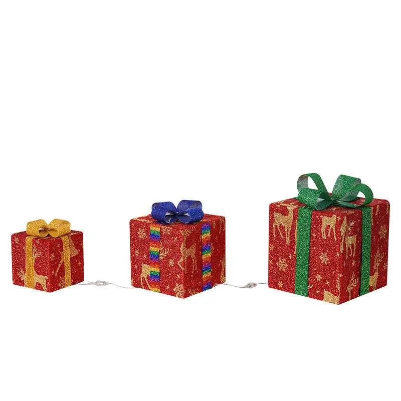 Set of 3 pre-lit Christmas gift boxes with glitter fabric and colorful LED lights for indoor and outdoor holiday decoration