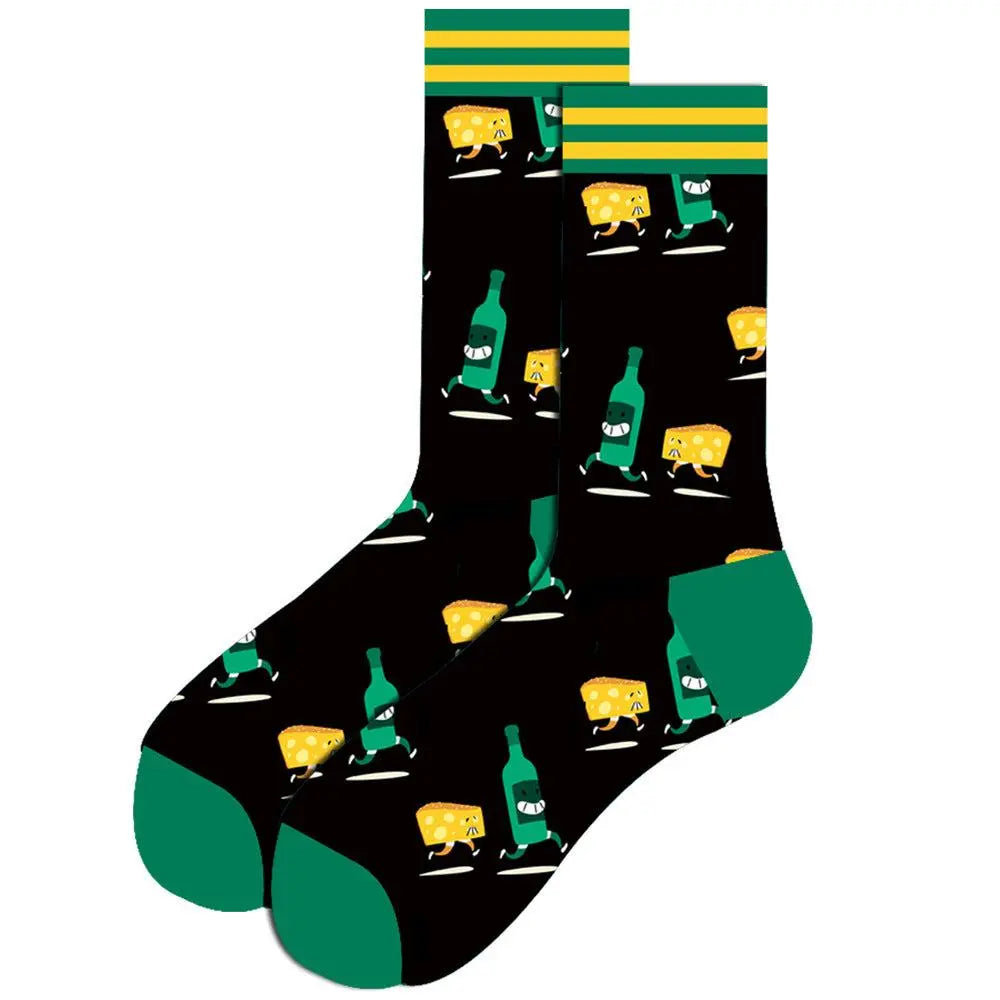 Festive men’s cotton socks with Santa Claus and moose jacquard design, mid-tube style, breathable and comfortable.