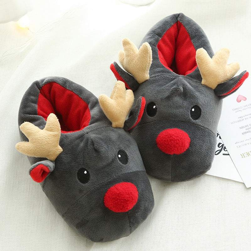 Cute Christmas elk slippers with red nose and antlers, soft fleece, unisex cozy home footwear