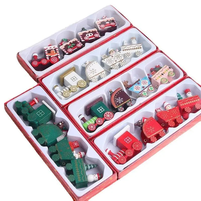 Wooden train Christmas decoration set with festive painted designs in gift boxes