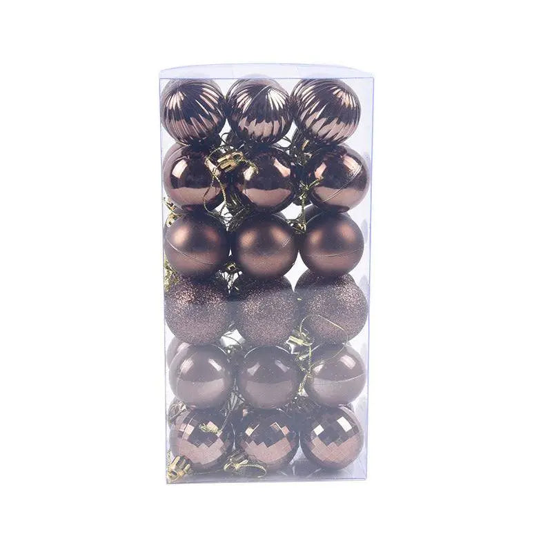 36-piece Christmas ball ornament set in assorted brown shades, 4cm diameter, packaged in clear box