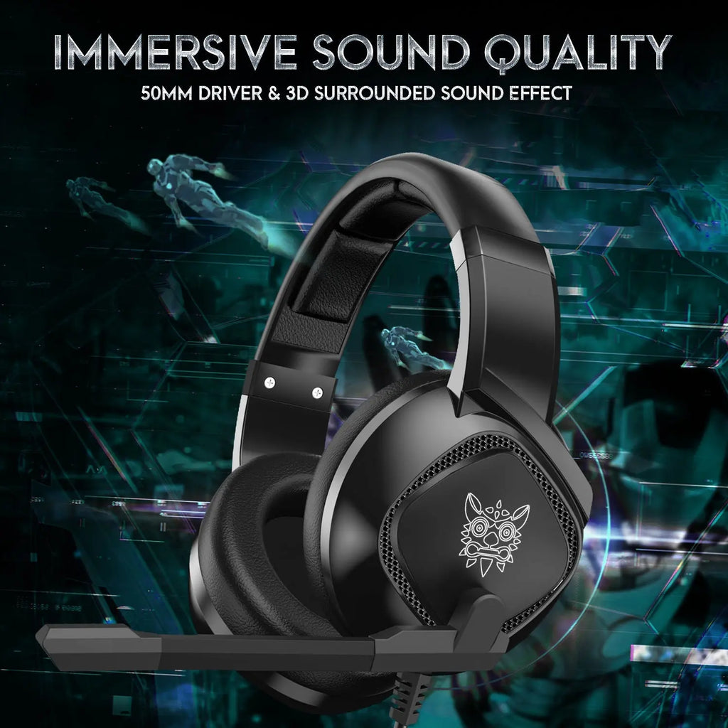 Black over-ear gaming headset with adjustable noise-cancelling mic and immersive sound, compatible with Xbox, PS4, and PC
