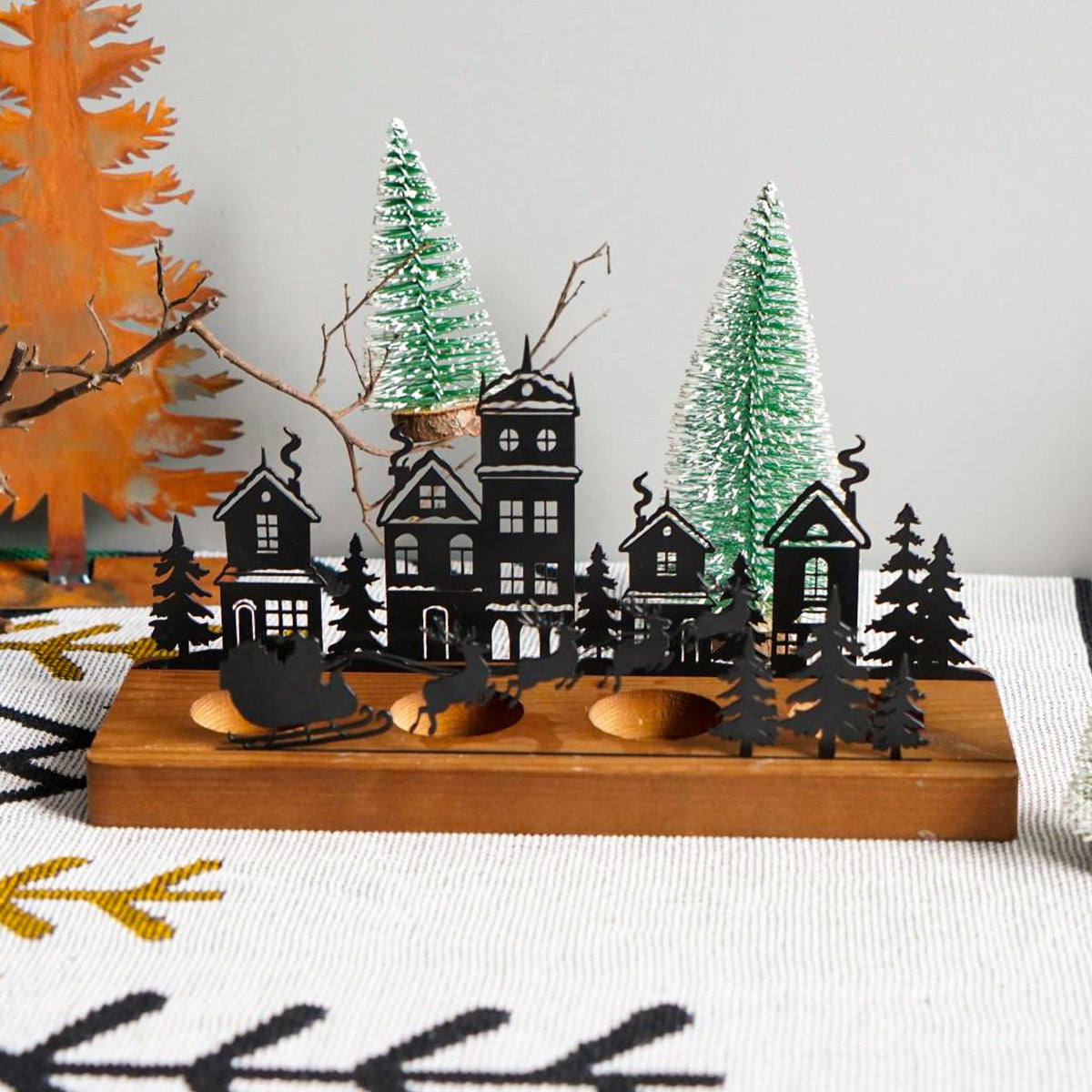 Wrought Iron Christmas Tree Candle Stick Wooden Base Candle Holder Beckett