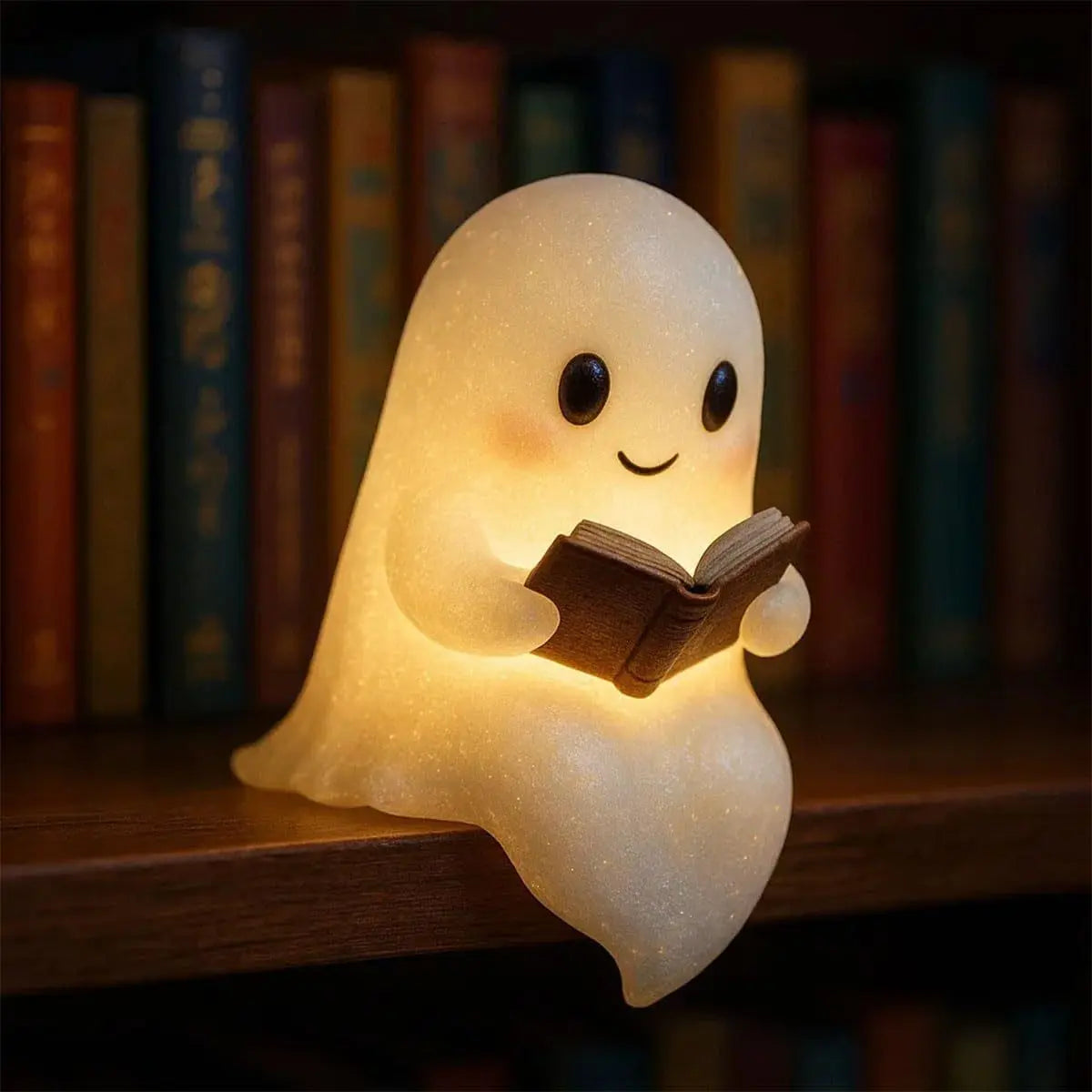 Cute LED Ghost Children's Nightlight emitting warm glow sitting on shelf reading book