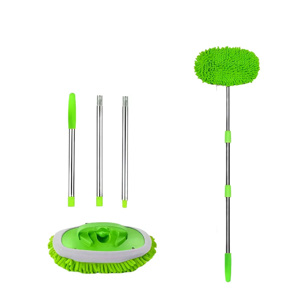 Green cleaning tool set with various attachments on a white background