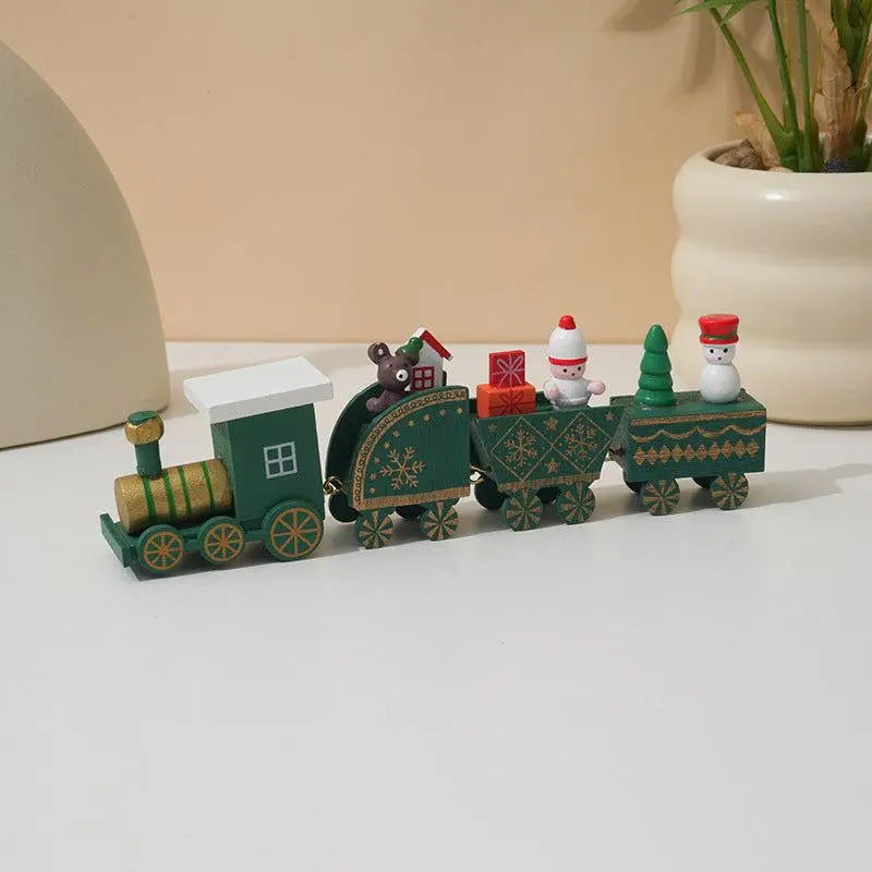 Wooden Train Christmas Decoration with Santa, snowman, tree, and gift designs in green and gold festive colors