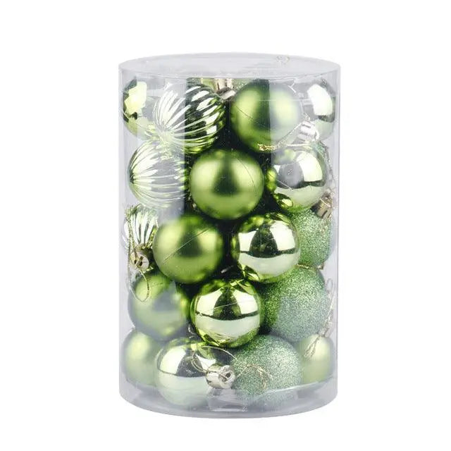 34-piece green Christmas ball ornaments set in clear plastic container for tree decoration