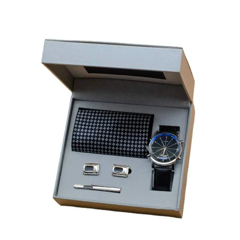 Men’s Suit Gift Box Set with watch, patterned tie, tie clip, and cufflinks in premium gift box