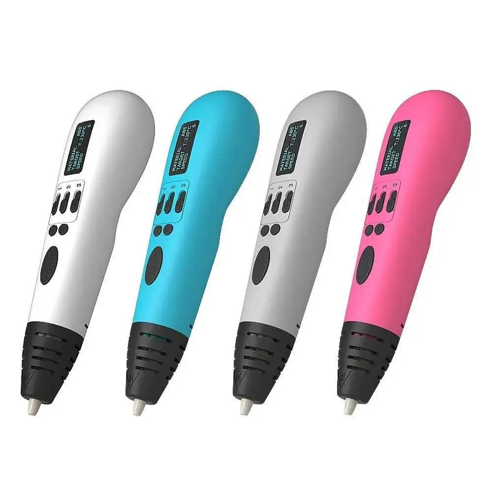 Multicolor 3D printing pens with OLED screen and adjustable speed in blue, pink, white, and grey colors.