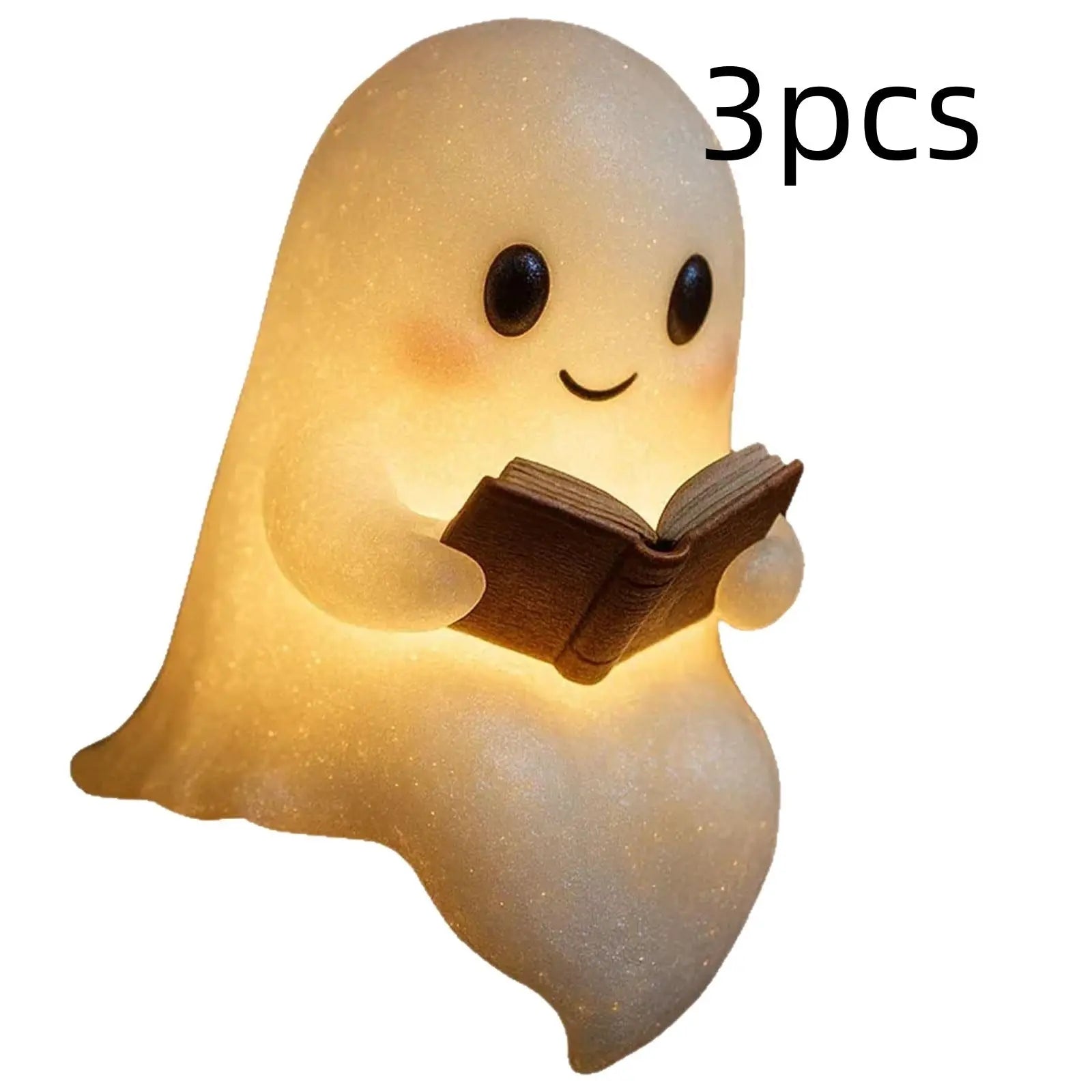 Cute LED ghost children's nightlight lamp with warm glow holding a book, 3 pieces set