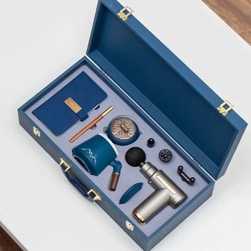 Luxury massage gun gift box set with mug, umbrella, powerbank, and accessories in a premium blue case