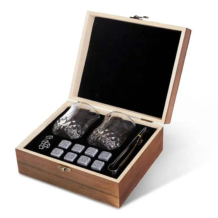 Wooden gift box set with two luxury whisky glasses and granite whisky stones