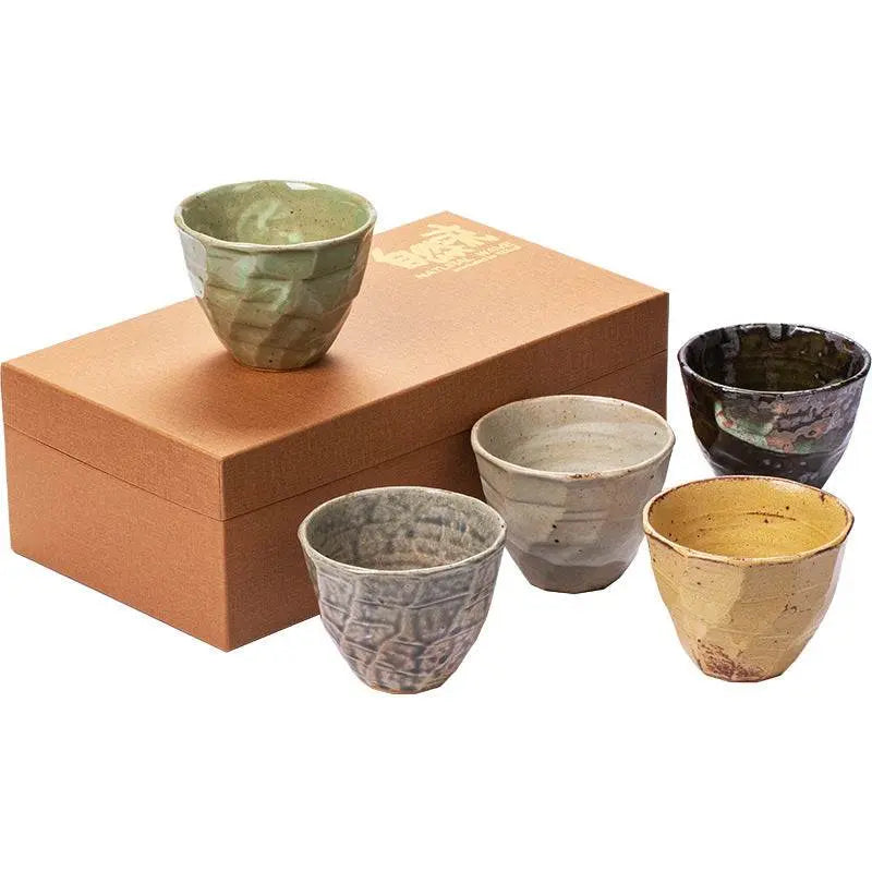 Japanese retro ceramic tea set with five handcrafted Song Jian style pottery cups and a gift box