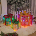 Set of 3 pre-lit Christmas gift boxes with glitter fabric and colorful LED lights for indoor and outdoor holiday decor