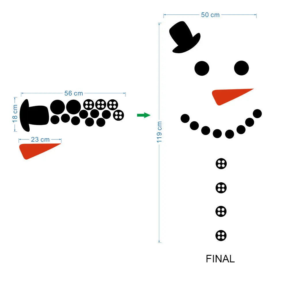 Christmas Snowman Sticker waterproof PVC flat wall decal with hat, eyes, carrot nose, and buttons for holiday décor