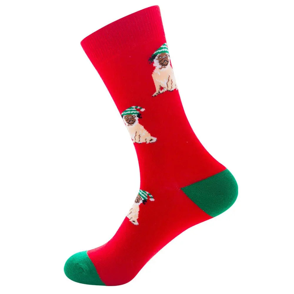 Festive men's cotton socks with Santa Claus and moose jacquard design, mid-tube style in red and green