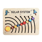 Solar system model with colorful planets on a wooden board